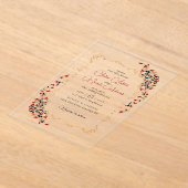 ラグジュアリー芸術的ボタニカルフローラ結婚ペイズリー アクリル招待状 (レイダウン)