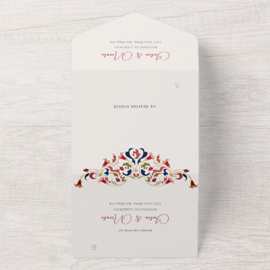 ラグジュアリー芸術的ボタニカルフローラ結婚ペイズリー オールインワン招待状 (外側)