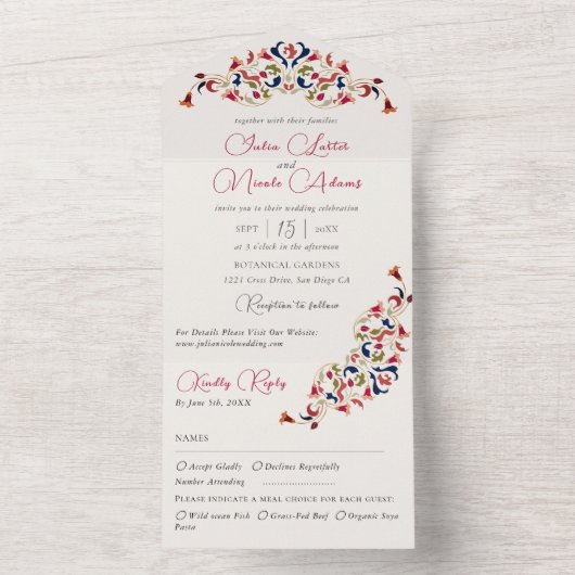 ラグジュアリー芸術的ボタニカルフローラ結婚ペイズリー オールインワン招待状 (内側)