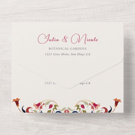 ラグジュアリー芸術的ボタニカルフローラ結婚ペイズリー オールインワン招待状 (裏面)