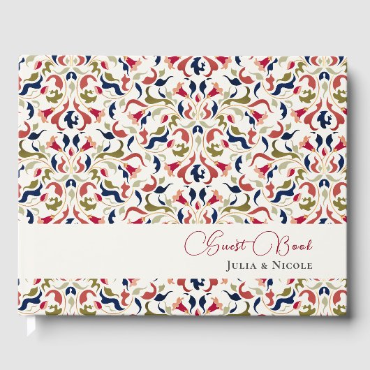 ラグジュアリー芸術的ボタニカルフローラ結婚ペイズリー ゲストブック (正面)