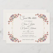 ラグジュアリー芸術的ボタニカルフローラ結婚ペイズリー セーブザデート (正面/裏面)