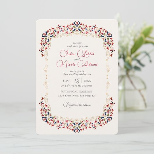 ラグジュアリー芸術的ボタニカルフローラ結婚ペイズリー 招待状 (スタンド正面)