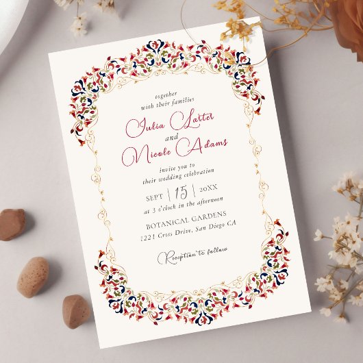 ラグジュアリー芸術的ボタニカルフローラ結婚ペイズリー 招待状