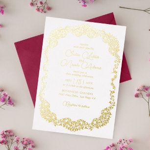 ラグジュアリー芸術的ボタニカルフローラ結婚ペイズリー 箔招待状