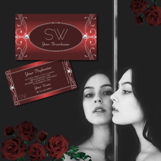 ラグジュアリー華美レッドきらめくダイヤモンドイニシャル 名刺