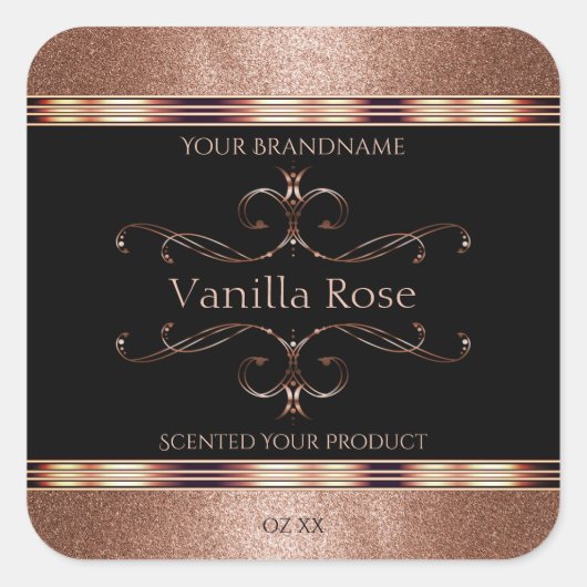 ラグジュアリー華美ロセゴールドグリッターブラックプロダクトラベル スクエアシール (正面)