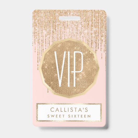 ラグジュアリー赤面ピンク金ゴールドスパークリーグリッターフリンジ バッジ (正面)