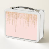 ラグジュアリー赤面ピンク金ゴールドスパークリーグリッターフリンジ メタルランチボックス (裏面)