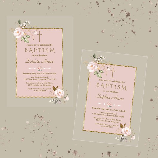 ラグジュアリー赤面ピンク金ゴールドフラワーズガールバプテスマ アクリル招待状