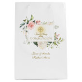 ラグジュアリー赤面フラワーフレーム金ゴールドガール《キリスト教》洗礼式や命名式 ミディアムペーパーバッグ (正面)