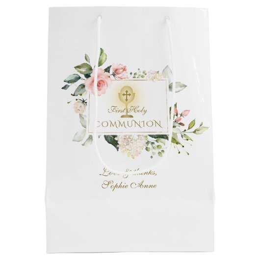 ラグジュアリー赤面フラワーフレーム金ゴールドガール《キリスト教》洗礼式や命名式 ミディアムペーパーバッグ (裏面)