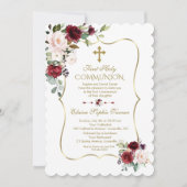 ラグジュアリー赤面ブルゴーニュ花ファースト聖餐式 招待状 (正面)