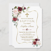 ラグジュアリー赤面ブルゴーニュ花金ゴールドクロスバプテスマ 招待状 (正面)