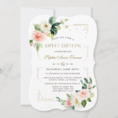 ラグジュアリー赤面ホワイトフラワーズ金ゴールドグリッタースウィート16 招待状 (正面)