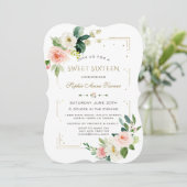 ラグジュアリー赤面ホワイトフラワーズ金ゴールドグリッタースウィート16 招待状 (スタンド正面)