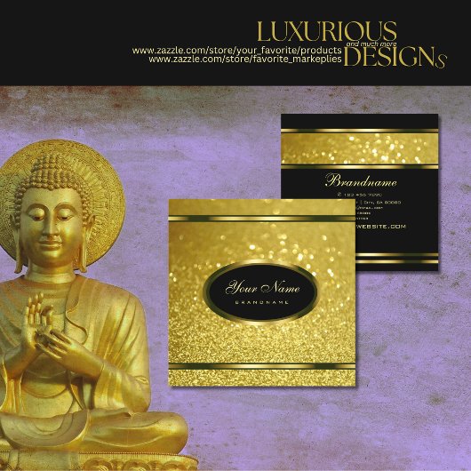 ラグジュアリー金ゴールドきらめくグリッターオンブラックストライキング スクエア名刺