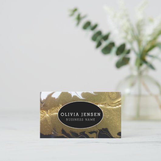 ラグジュアリー金ゴールドきらめくグリッターグラマラーマーブルー 名刺 (スタンド正面)