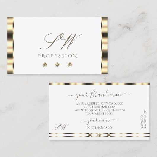 ラグジュアリー金ゴールドきらめくホワイトダイヤモンドイニシャル 名刺 (正面/裏面)