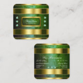 ラグジュアリー金ゴールドとグリーンマーブルフェイクダイヤモンド スクエア名刺 (正面/裏面)