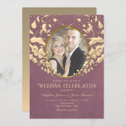 ラグジュアリー金ゴールドとパープル結婚式招待状 招待状 (正面/裏面)