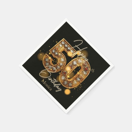ラグジュアリー金ゴールドとブラックジェムストーン50誕生日 スタンダードカクテルナプキン (角)