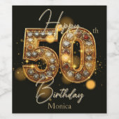 ラグジュアリー金ゴールドとブラックジェムストーン50誕生日 ワインラベル (シングルラベル)