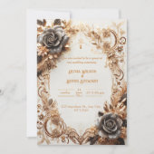 ラグジュアリー金ゴールドとブラックバラ結婚式招待状 招待状 (正面)