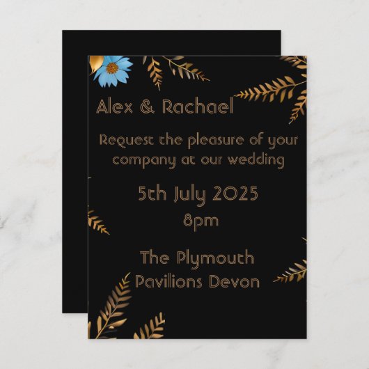 ラグジュアリー金ゴールドとブルーフローラ結婚式招待状 招待状 (正面/裏面)