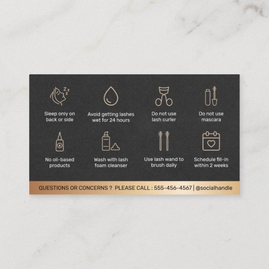 ラグジュアリー金ゴールドまつげエクステンションラッシュアフターケアカード 名刺 (裏面)