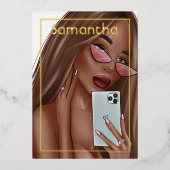 ラグジュアリー金ゴールドアフリカンアメリカン誕生日 箔招待状 (正面)