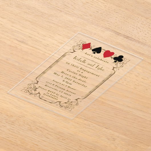 ラグジュアリー金ゴールドアールデコカジノナイト婚約 アクリル招待状 (レイダウン)