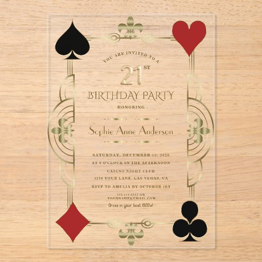 ラグジュアリー金ゴールドアールデコカジノラスベガス21st誕生日 アクリル招待状 (正面)