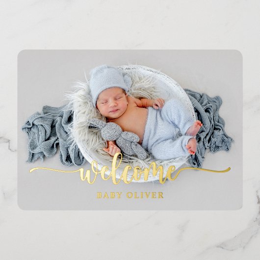 ラグジュアリー金ゴールドウェルカム男の赤ちゃん誕生のお知らせ 箔招待状 (正面)