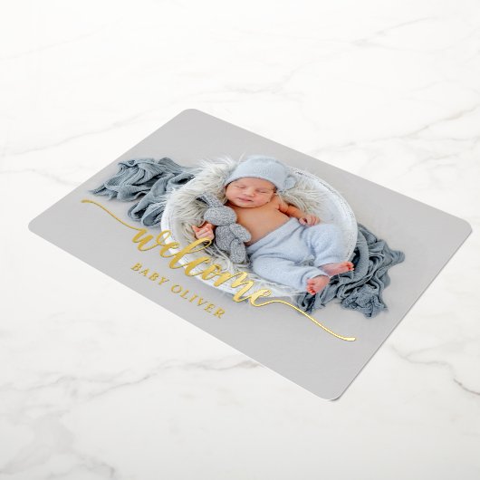 ラグジュアリー金ゴールドウェルカム男の赤ちゃん誕生のお知らせ 箔招待状 (回転した状態)