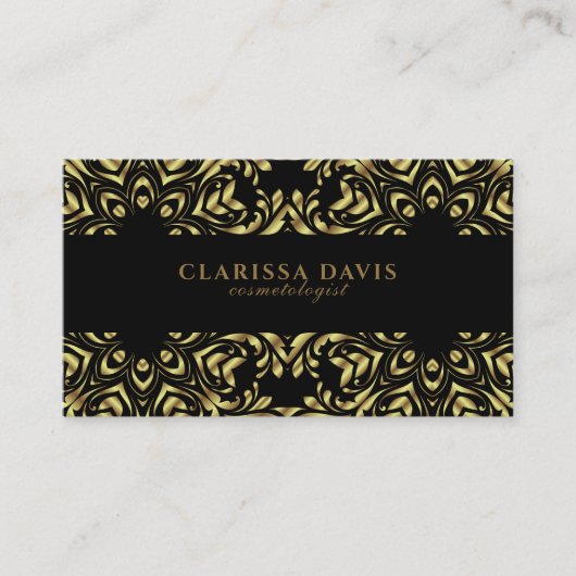 ラグジュアリー金ゴールドエレガントブラックフォイル縁どバロック 名刺 (正面)