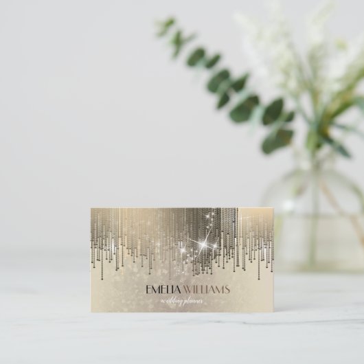 ラグジュアリー金ゴールドグラディエントクリスタル紙吹雪レインスパークル 名刺 (スタンド正面)