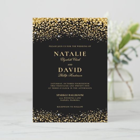 ラグジュアリー金ゴールドグリッターオンブラックエレガントウェディング 招待状 (スタンド正面)