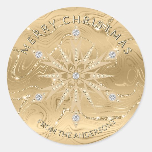 ラグジュアリー金ゴールドグリッタースノーフレークダイヤモンド ラウンドシール (正面)