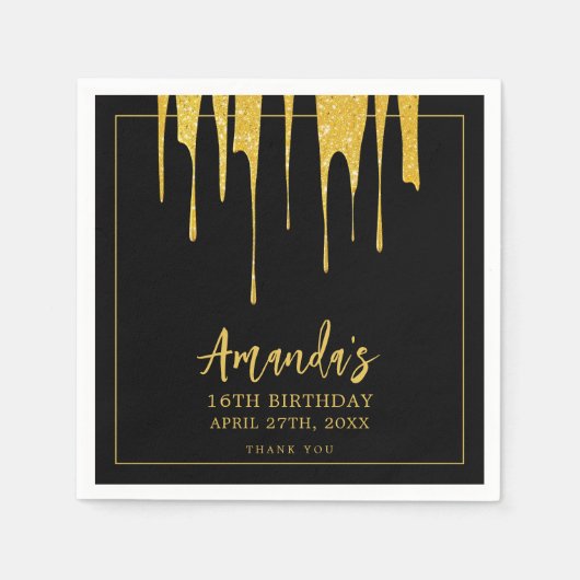 ラグジュアリー金ゴールドグリッタードリップススイーツ16誕生日 スタンダードカクテルナプキン (正面)