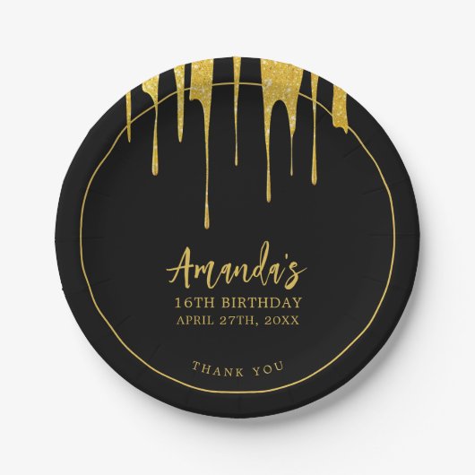 ラグジュアリー金ゴールドグリッタードリップススイーツ16誕生日 ペーパープレート (正面)