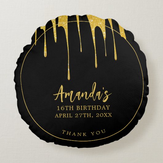 ラグジュアリー金ゴールドグリッタードリップススイーツ16誕生日 ラウンドクッション (正面)
