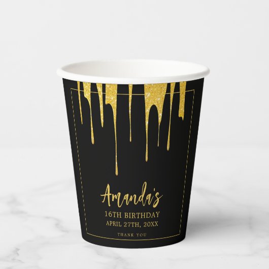 ラグジュアリー金ゴールドグリッタードリップススイーツ16誕生日 紙コップ (正面)