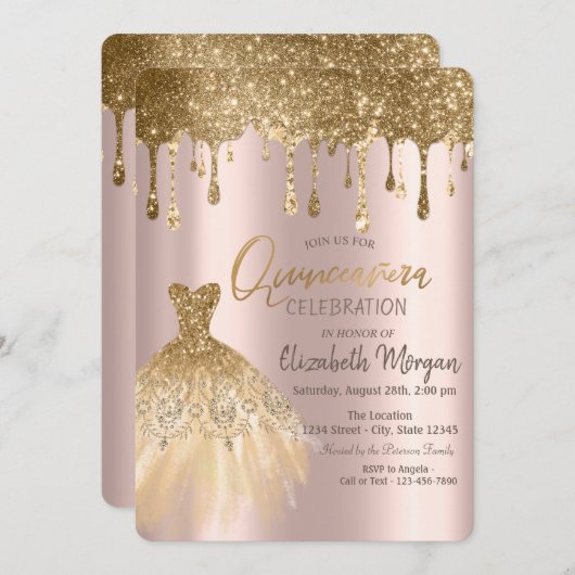 ラグジュアリー金ゴールドグリッタードリップスドレスキンセアニラ 招待状 (正面/裏面)