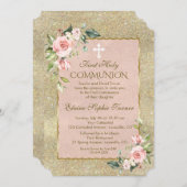 ラグジュアリー金ゴールドグリッターピンクフローラファーストコミューン 招待状 (正面/裏面)