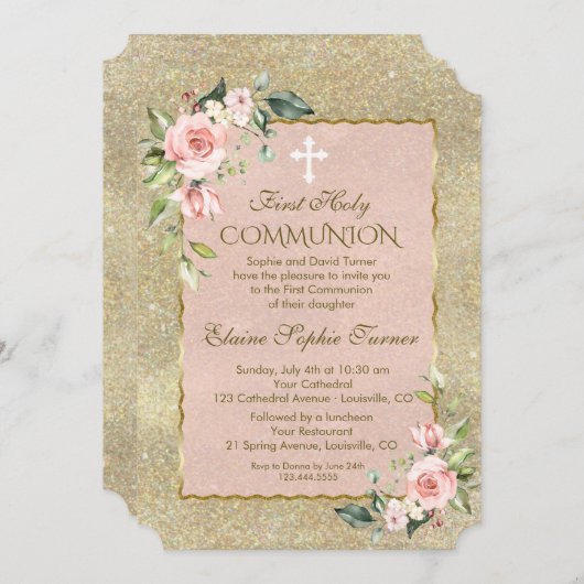 ラグジュアリー金ゴールドグリッターピンクフローラファーストコミューン 招待状 (正面/裏面)