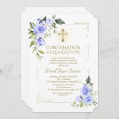 ラグジュアリー金ゴールドグリッターブルーフラワーズボーイ確認 招待状 (正面/裏面)