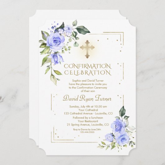 ラグジュアリー金ゴールドグリッターブルーフラワーズボーイ確認 招待状 (正面/裏面)