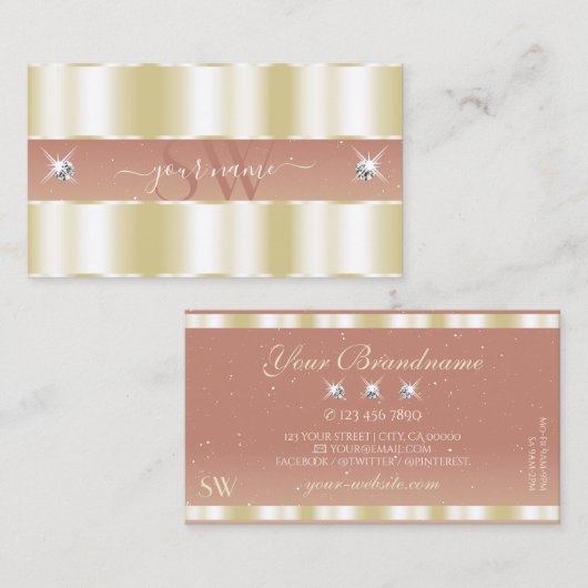 ラグジュアリー金ゴールドコーラルきらめくダイアモンズモノグラム 名刺 (正面/裏面)