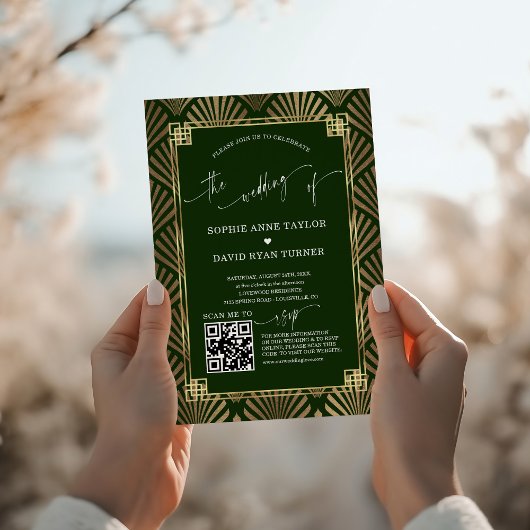 ラグジュアリー金ゴールドダークグリーンアールデコ1920結婚s's 招待状